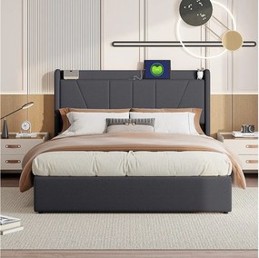 Łóżko z pojemnikiem 160x200 z USB i gniazdem typu C, tapicerowane, z podstawą z listew, podwójne, szare
