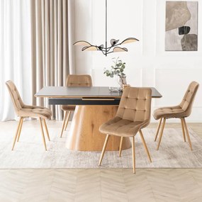 Zestaw Stół Rozkładany Ceramiczny LIZBONA 160-200 cm Czarny/Dąb i 4 Krzesła Tapicerowane RODRI Beżowe Nowoczesne
