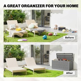 Outsunny Skrzynia Ogrodowa 379L Wodoodporna Zamykana UV Ochronna z Imitacją Drewna do Ogrodu 122,5x56x62cm Szara | Aosom PL