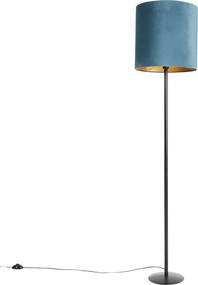 Lampa stojąca z aksamitnym abażurem w kolorze niebieskim z elementami złota 40 cm - Simplo