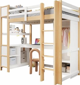 Łóżko piętrowe dla dzieci - 90 x 200 cm - z półkami + biurko + szafa - drewno - naturalne