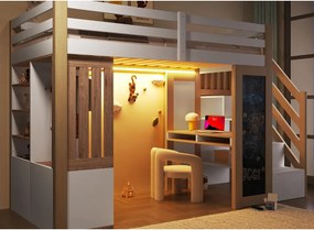 Łóżko na antresoli 90x200cm - z LED - Biurko i szafa - Drabina z pojemnikami i półki - Tablica - Biały + naturalny