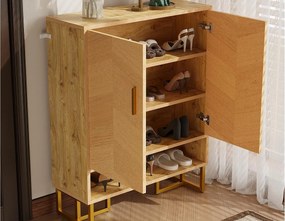 Nowoczesna szafa na buty 80x38x100 cm - z 2 drzwiami - Wykończenie drewnopodobne - Konstrukcja z pozłacanego żelaza - MDF - Naturalny