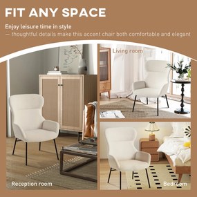 HOMCOM Nowoczesny fotel tapicerowany w stylu uszaka, wysokie oparcie, grube wykończenie, nogi stalowe, kremowy