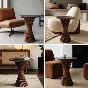 Designerski stolik do salonu Tango 45, czarny marmur/drewno mango