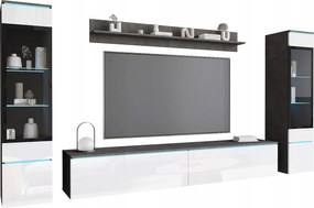 Zestaw mebli do salonu z LED 4 elementy – szafka RTV 180 cm, 2 witryny i półka, stojąca lub wisząca, korpus antracyt, fronty biały połysk