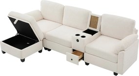 Sofa 3-osobowa, sofa sztruksowa z pufem i szufladami, 2 uchwytami na kubki i portem USB - beżowa