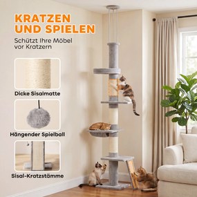 PawHut Drapak sięgający sufitu 230–260 cm, regulowana wysokość, drzewko dla kota z 5 poziomami, 3 grube słupki sizalowe, płyta do drapania z sizalu | Aosom PL