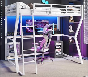 Łóżko mezzanine 90x200cm z LED i gniazdkami - biurko + schody - Białe