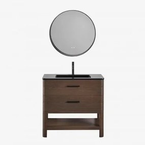 Zestaw Mebli Łazienkowych Z Drewna Z Wbudowaną Umywalką Misene Ciemna Czerń & Okrągła Led I - Sklum