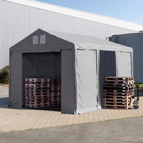 TOOLPORT 4x6m Namiot magazynowy - 3,0 m wysokość ścian bocznych z bramą na zamek błyskawiczny, PVC 850, szary, ze statyką (podłoże gruntowe) - (93774)