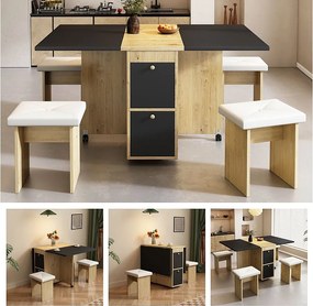 Zestaw stół i krzesła rozkładane - 120 x 80 x 75 cm - ze składanym stołem + 4 krzesłami + 2 schowkami - płyta wiórowa + PU - czarny