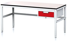 Stół warsztatowy MECHANIC II, 1600 x 700 x 745-985 mm, 1 kontener szufladowy, szary/czerwony