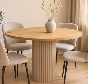 Okrągły stół do jadalni Nesta, na kaszmirowej nodze z metalowych prętów