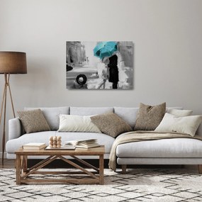 Obraz na szkle - Zakochana para z parasolem, niebieski (70x50 cm)