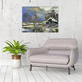 Obraz chaty w zimowym krajobrazie, obraz olejny (70x50 cm)