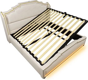 Łóżko podwójne tapicerowane ze schowkiem - 140 x 200 cm - z hydraulicznym schowkiem LED + USB - z materacem - aksamitne - beżowe