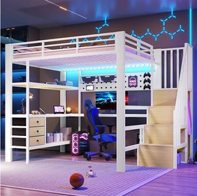 Łóżko piętrowe metalowe dla dzieci - 140 x 200 cm - z półkami + szufladami + biurkiem + drabinką + diodami LED - białe
