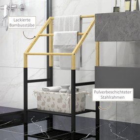 HOMCOM Uchwyt na Ręczniki, Wolnostojący, 3 Pręty, 51x31x85,5cm, Czarny/Drewno naturalne