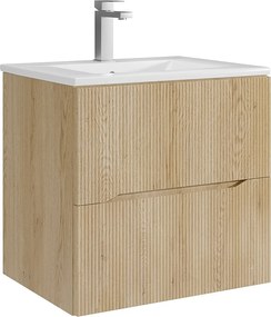 Podwieszana szafka łazienkowa prążkowana z umywalką nablatową i baterią - Jasny naturalny - 60 cm - ORISO