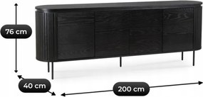 Komoda do Salonu BECK 200 cm Czarna Czterodrzwiowa Ryflowana Nowoczesna