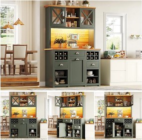 Wysoka komoda kuchenna - 120 x 45 x 188 cm - z drzwiami szklanymi + oświetlenie LED + regał na wino + szuflady - płyta MDF + szkło - kolor zielony