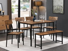 Zestaw stół i 4 krzesła 1 ławka - 6 miejsc - stalowa rama - styl industrialny - brązowy