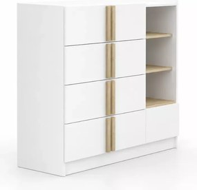 Komoda Chelly 135 cm biała – 5 szuflad, 3 półki, drewniane uchwyty, nowoczesna komoda do salonu i sypialni