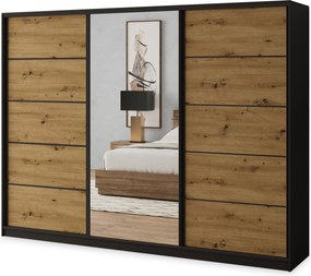 Szafa Przesuwna NATA 270 cm z Lustrem Szafa Trzydrzwiowa z Szufladami Czarna / Dąb Artisan / Czarne Profile