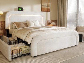 Łóżko podwójne tapicerowane w sherpa z 4 szufladami - 140x200cm - z LED i portami ładowania - Białe