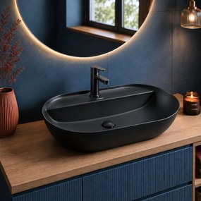 Umywalka ceramiczna nablatowa owalna czarna z otworem i z półką na mydło 60 x 41 cm DECOS Black z rantem Slim