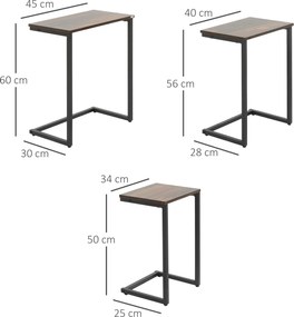 Stół HOMCOM, stolik boczny, zestaw 3, wzornictwo przemysłowe, rama stalowa, brązowy+czarny, 45 x 30 x 60cm