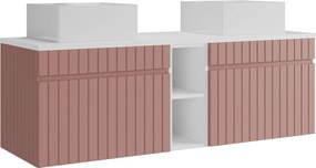 Wisząca, prążkowana szafka łazienkowa z wnękami i podwójną, kwadratową umywalką nablatową – Różowa – L140 cm – SATARA