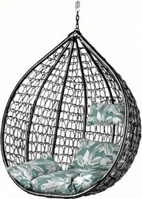 Czarny wiszący fotel KOKON bez stojaka, zielono-biała poduszka