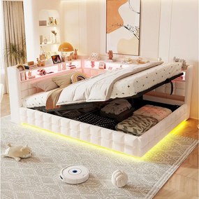 Łóżko z pojemnikiem 140 x 200 cm, otwartymi półkami, oświetleniem LED, gniazdami USB i typu C - Aksamit + MDF - Beżowe (Materac nie jest wliczony w cenę)