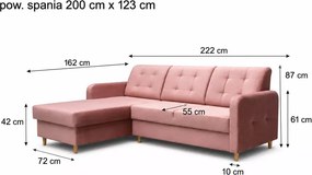 Stylowy tapicerowany narożnik Pink z funkcją spania i pojemnikiem na pościel