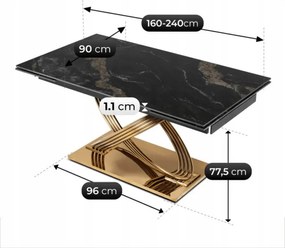 Stół Rozkładany Prostokątny IBIZA 160-240 cm Ceramiczny Czarny Marmur/Złoty do Jadalni Nowoczesny Glamour