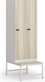 Szafka ubraniowa S1 z ławką, 2-drzwiowa, 1875 x 600 x 500/800 mm, demontaż, zamek mechaniczny z kodem, drzwi laminowane, dąb naturalny