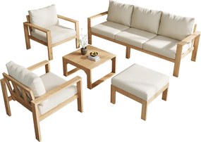Zestaw mebli ogrodowych, Kanapa 3-osobowa, 2 krzesła, stolik kawowy + podnóżek, na 5-6 osób, konstrukcja i blat z akacji, Naturalny + Kremowy