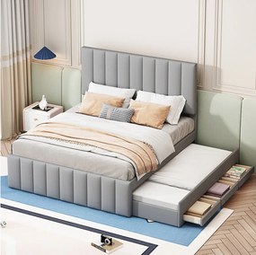 Łóżko wysuwane 140x200 cm - z zagłówkiem, 3 szufladami, stelażem - materiał - szary - bez materaca