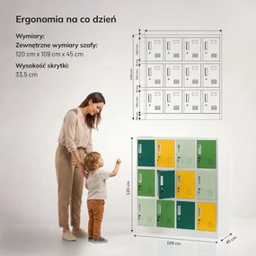 Szafka metalowa do szkoły i przedszkola szaro-zielono-żółta, 1090x1200x450 mm: OLA