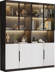 Witryna 160x30x200 cm z LED - 8 drzwi (4 drzwi szklane) - Biały i Czarny