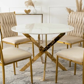 Stół Okrągły Szklany BALI 100 cm Biały Marmur/Złoty Glamour
