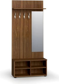 Garderoba z szafką na buty i lustrem PRIMO WOOD, 4 haczyki, półka, tekstura drewna pionowa, orzech