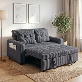 HOMCOM Sofa-łóżko 2-osobowa, pokrycie ze sztruksu, przekształcalna w sofę rozkładaną, 2 poduszki, kieszenie boczne, 157 x 190 cm, ciemnoszara | Aosom PL