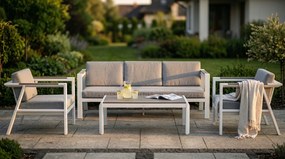 Zestaw mebli ogrodowych biały aluminium sofa fotele stolik drewniane detale