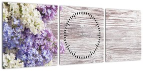 Obraz bzu na drewnie (z zegarem) (90x30 cm)