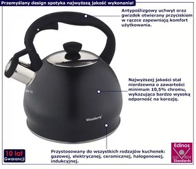 Klasyczny czarny czajnik z gwizdkiem 2L T8-S75