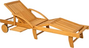 Outsunny Leżak Ogrodowy z Drewna Składany z Bocznym Stolikiem, Kołami, Oparciem Regulowanym na 4 Poziomy, Teak