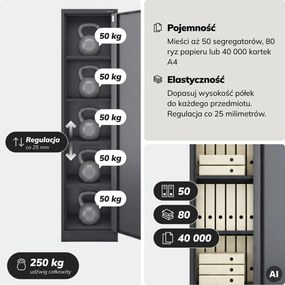 Szafa na akta kartotekowa na klucz antracytowa, 450x1850x600 mm: ALEX D600